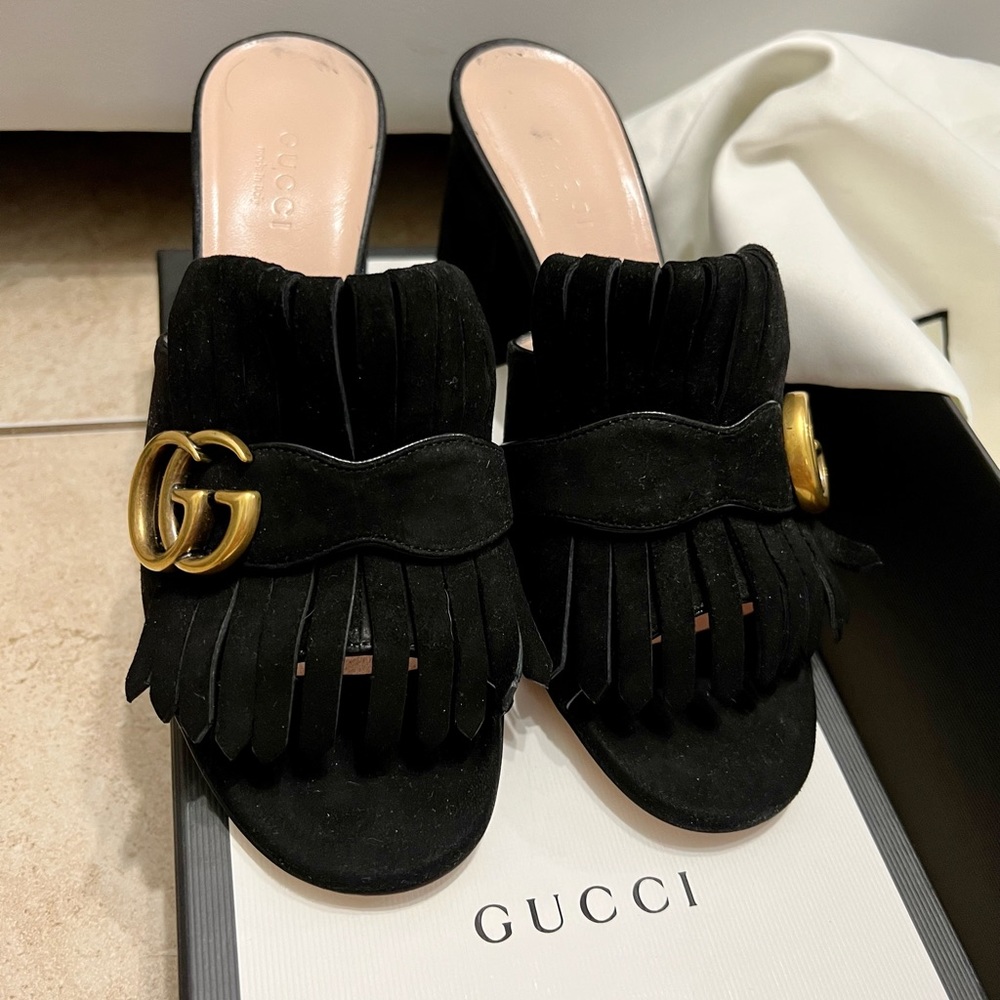 Gucci Black Suede GG Marmont Fringed Mules